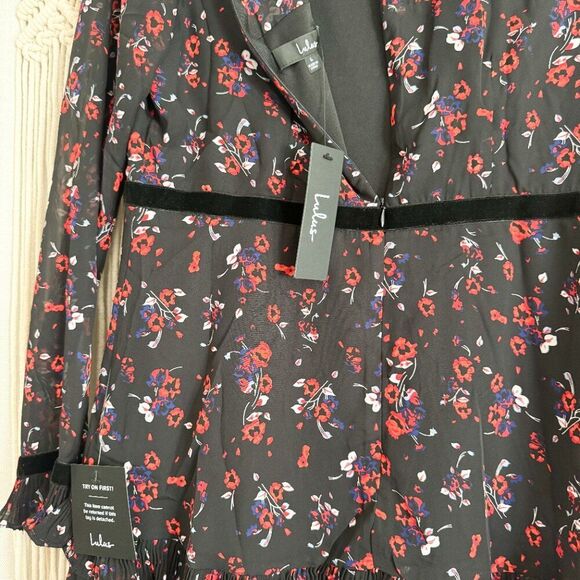 Lulus Black Floral Long Sleeve Mini Dress – NWT Size L | Special Occasion - Picture 4 of 4